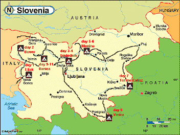 map of our route and campsites in Slovenia